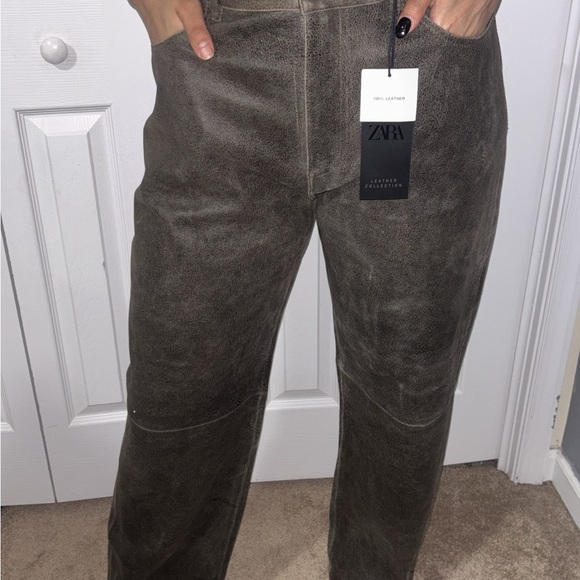 Zara Gray 100% Real Leather Pants with Vintage Distressed Finish